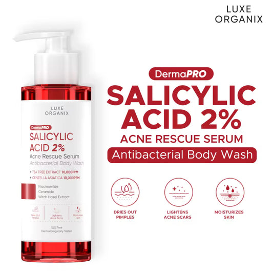 ON HAND! Luxe Organix Dermapro Salicylic Acid 2% Acne Rescue Serum Antibacterial Body Wash 500ml