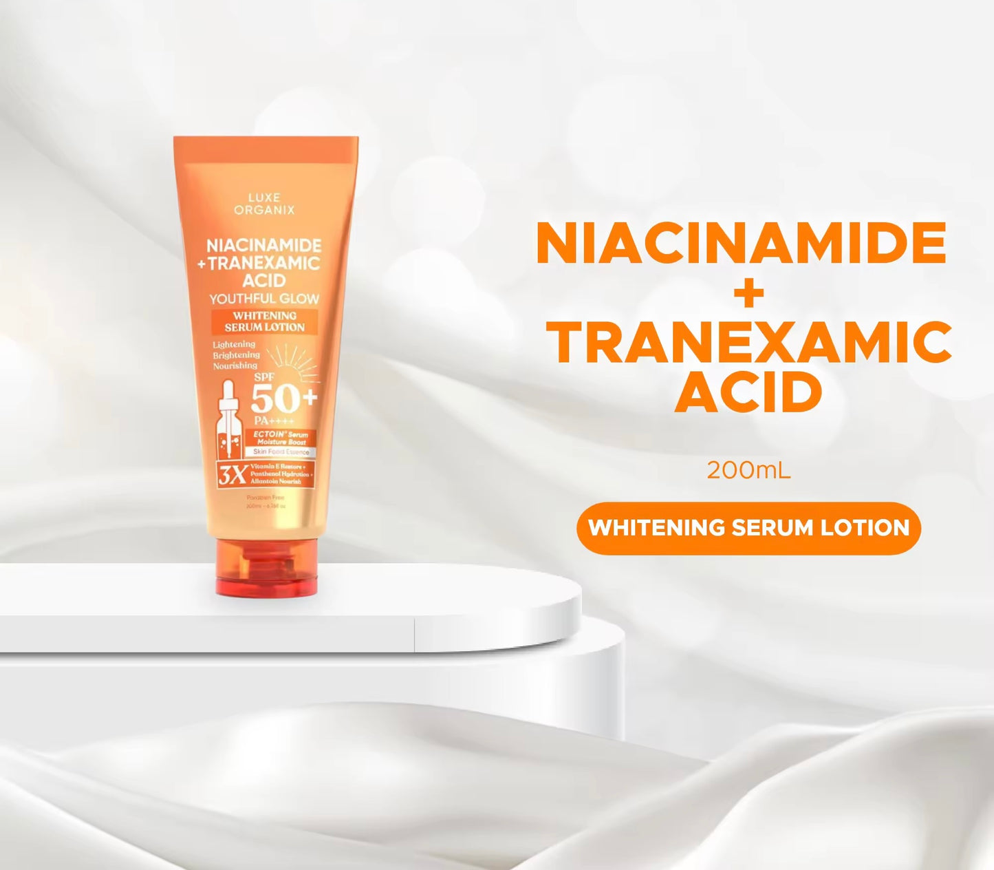 ON HAND! LUXE ORGANIX NIACINAMIDE + TRANEXAMIC ACID YOUTHFUL GLOW WHITENING SERUM LOTION SPF 50 PA++++