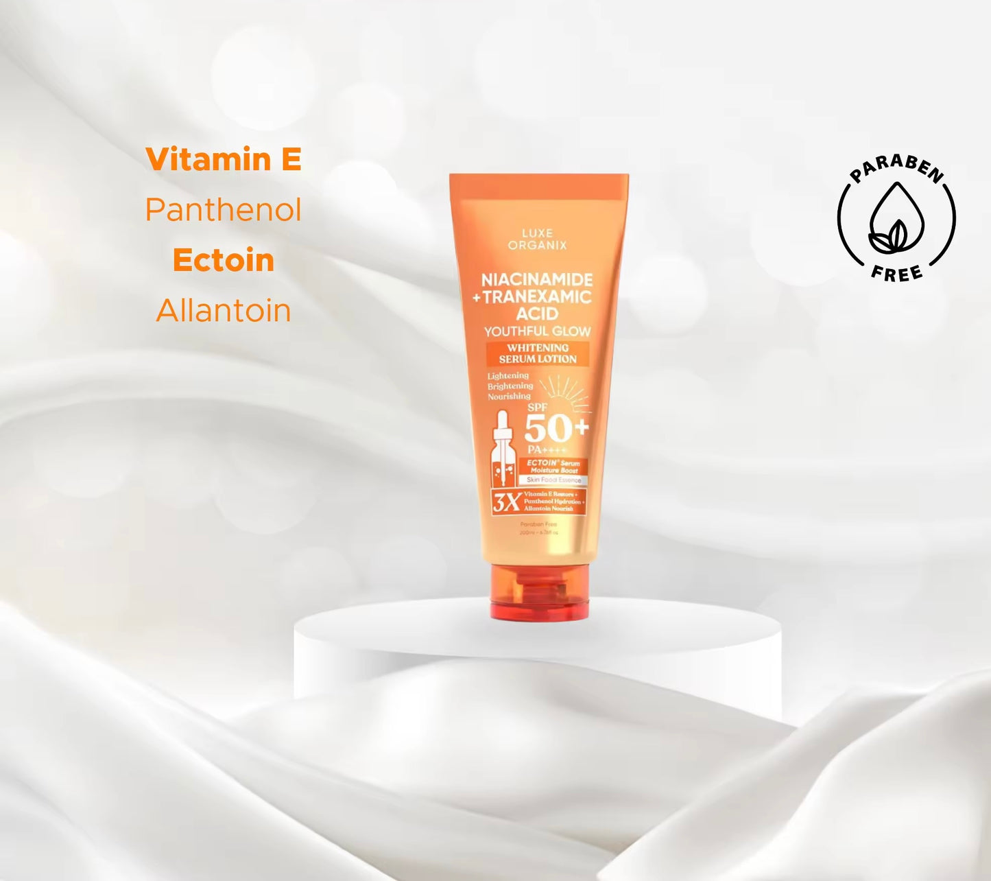 ON HAND! LUXE ORGANIX NIACINAMIDE + TRANEXAMIC ACID YOUTHFUL GLOW WHITENING SERUM LOTION SPF 50 PA++++