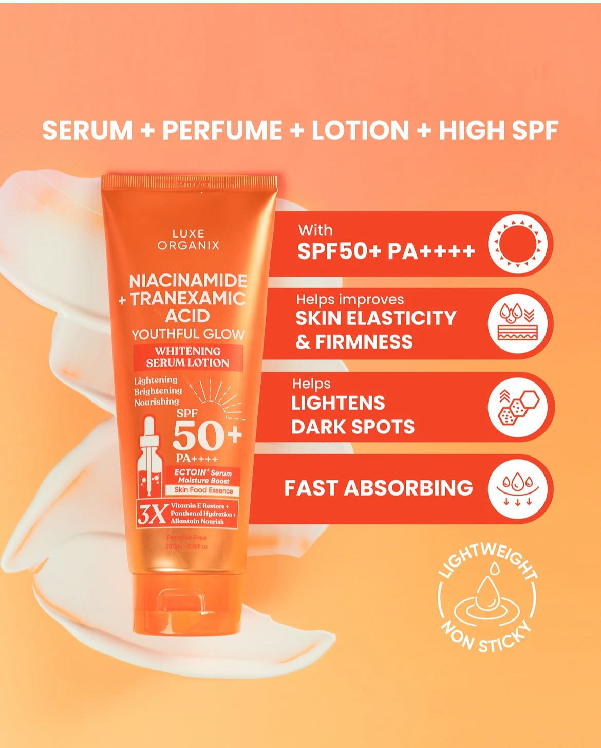 ON HAND! LUXE ORGANIX NIACINAMIDE + TRANEXAMIC ACID YOUTHFUL GLOW WHITENING SERUM LOTION SPF 50 PA++++