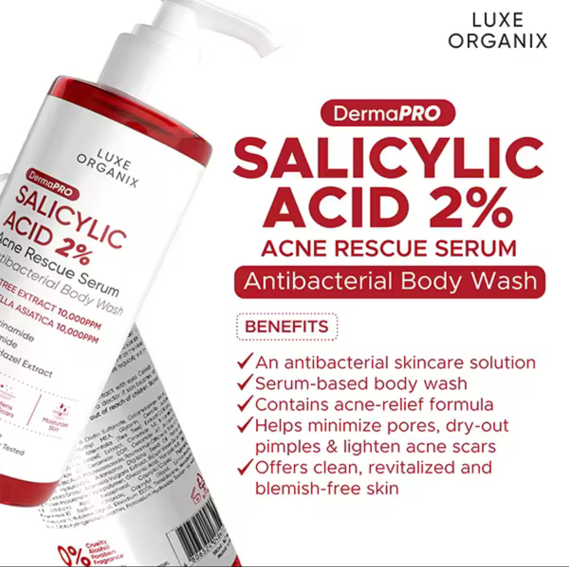 ON HAND! Luxe Organix Dermapro Salicylic Acid 2% Acne Rescue Serum Antibacterial Body Wash 500ml
