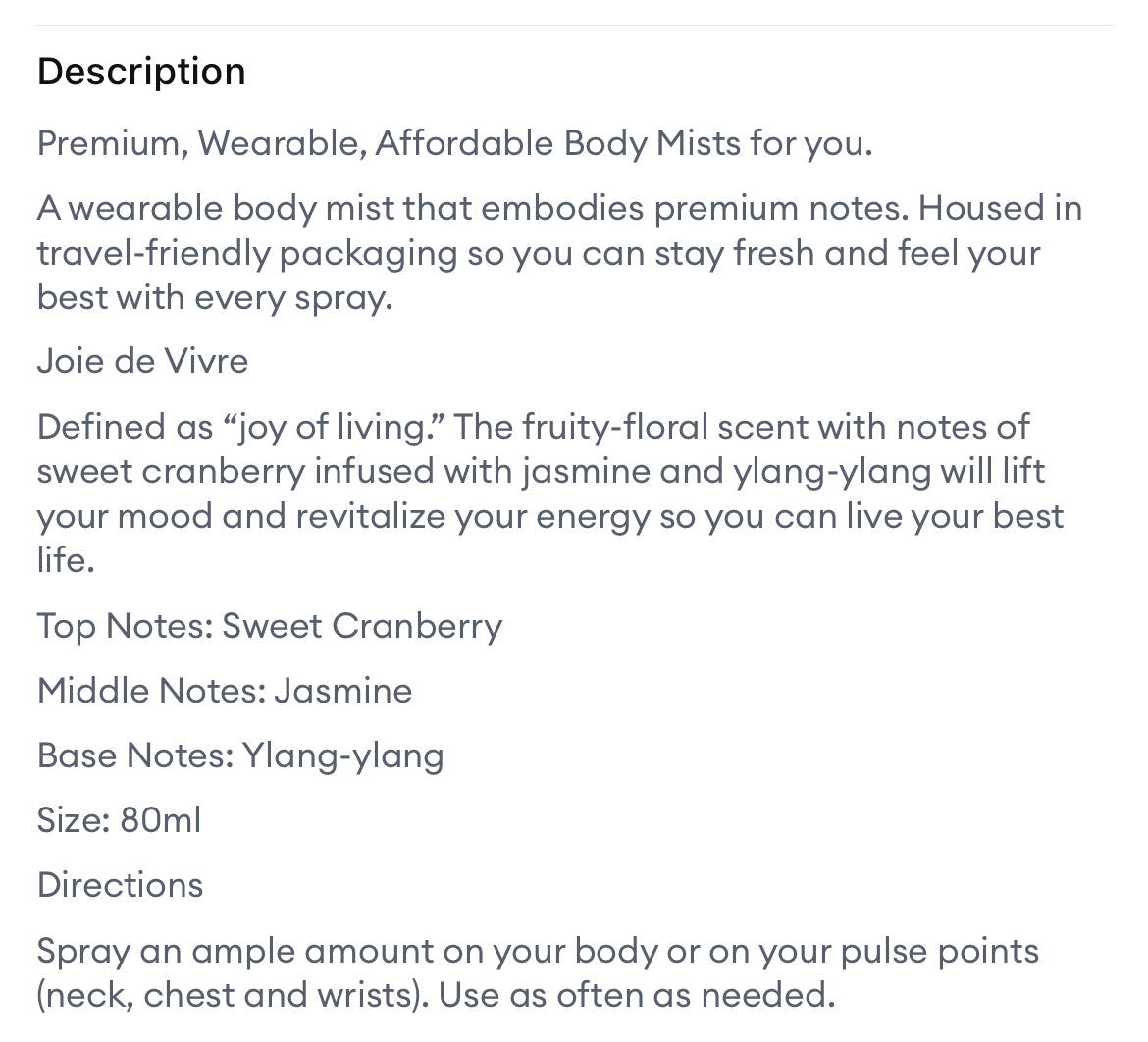 All Covered Premium Body Mist 80ml Joie de vivre