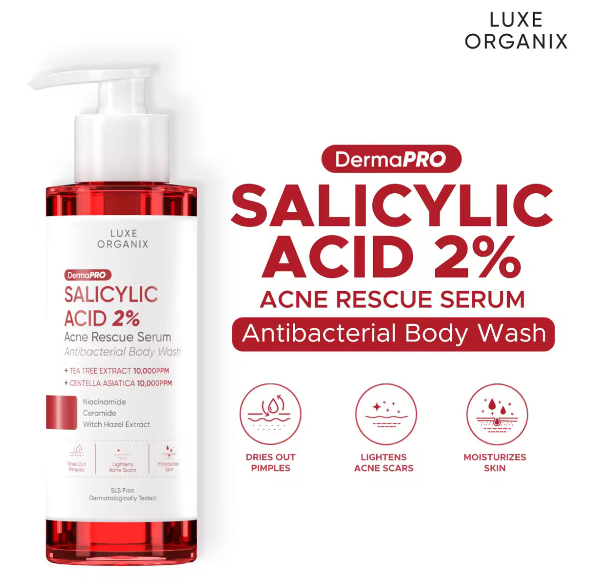 ON HAND! Luxe Organix Dermapro Salicylic Acid 2% Acne Rescue Serum Antibacterial Body Wash 500ml