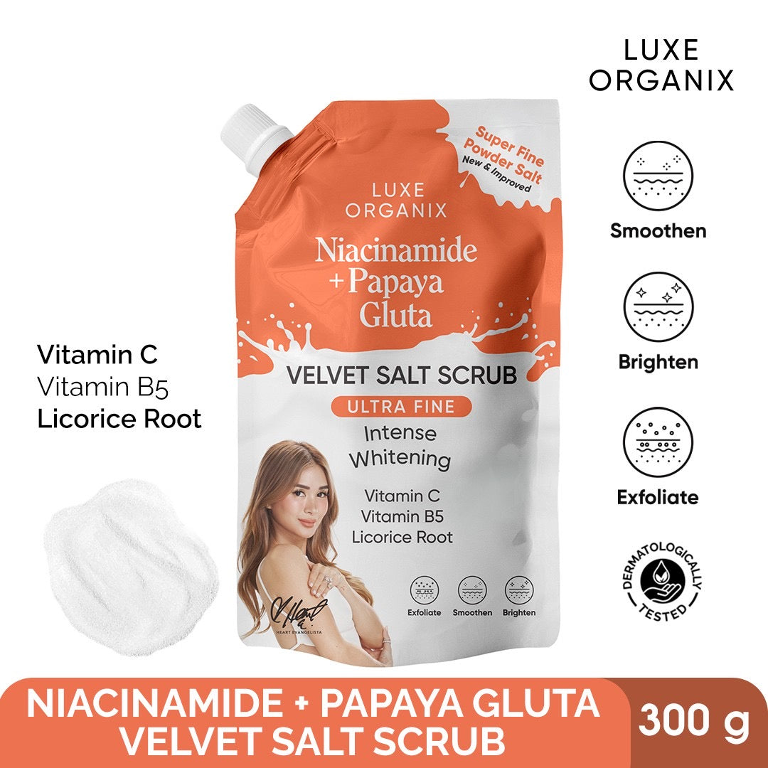 ON HAND! NEW! Luxe Organix Niacinamide + Papaya Gluta Velvet Salt Scrub 300G