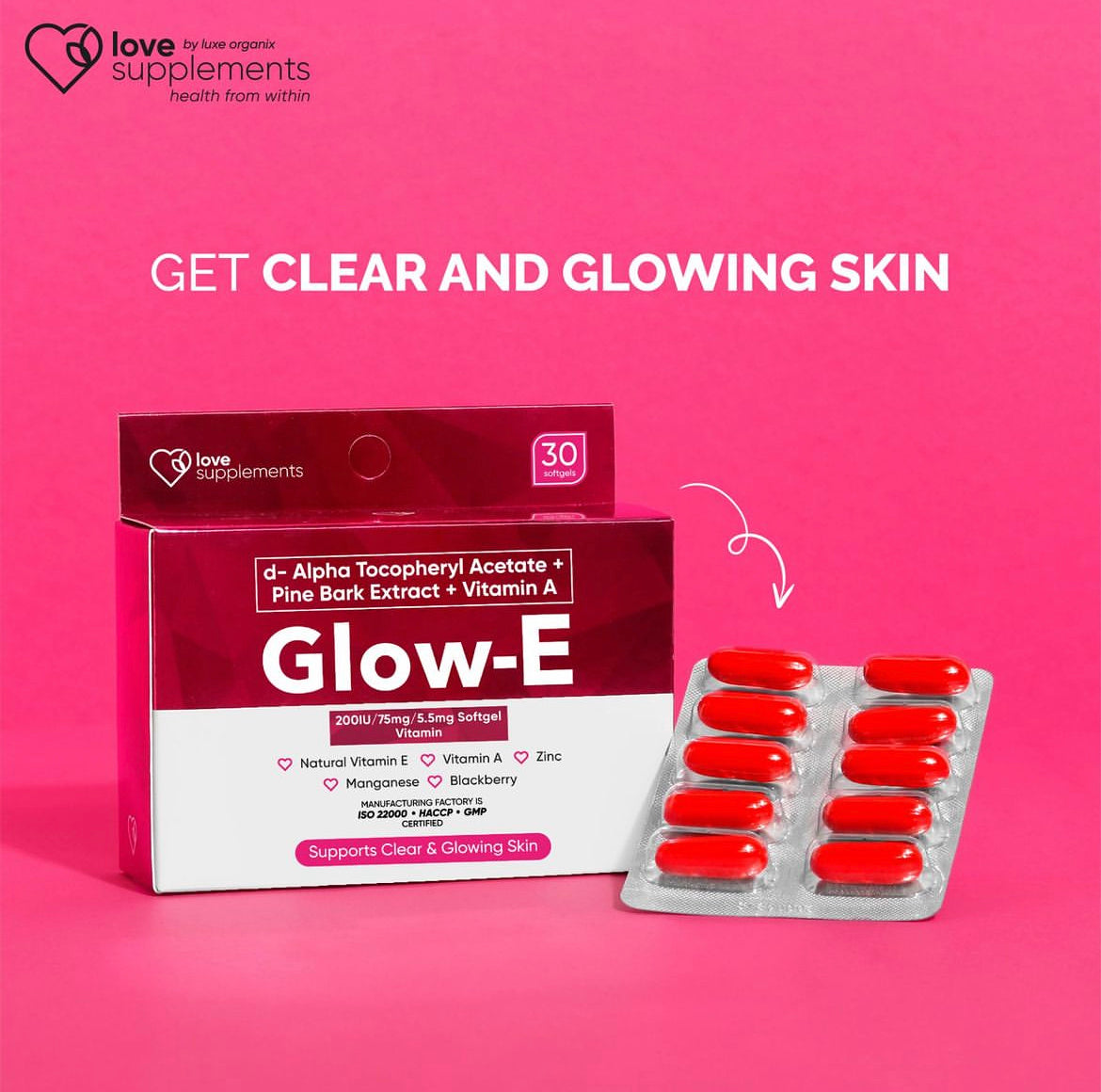 LOVE SUPPLEMENT Glow-E Supports Clear & Glowing Skin 30 Softgels